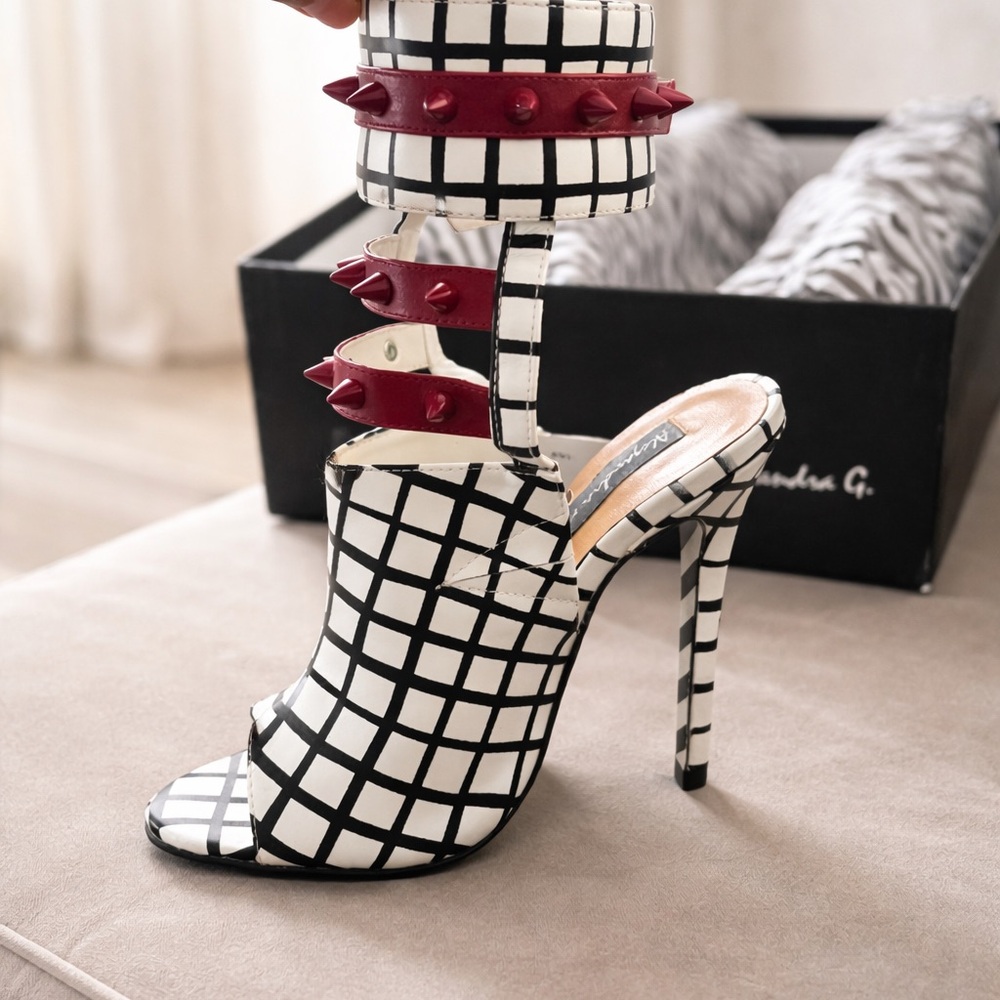 Chic Grid Pattern Heels with Red Straps